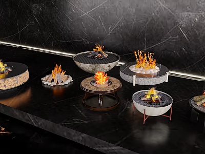 Decorative Garden Ornaments With Flames In Various Designs On Black Marble Surface 3d model