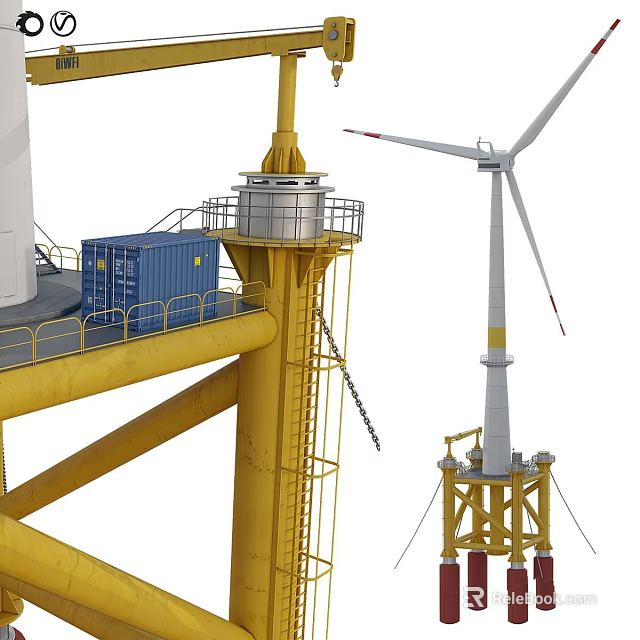 Yellow Offshore Wind Power Platform With Blue Container And Turbine 3d model 