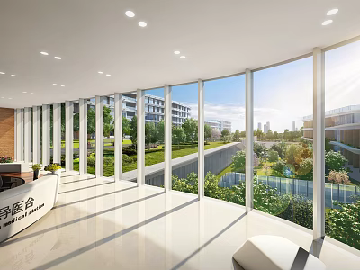 Spacious Bright Waiting Area With Waiting Desk Large Windows And Green View 3d model
