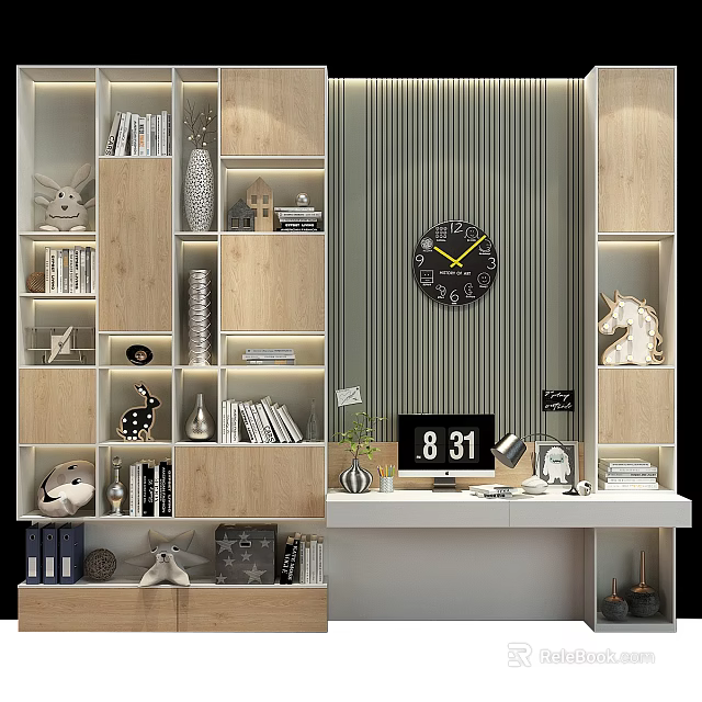 Wooden Bookshelves With Layered Design Books Decorative Figurines Wall Clock Table Lamp And Illuminated Lighting 3d model 