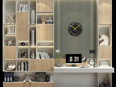 Wooden Bookshelves With Layered Design Books Decorative Figurines Wall Clock Table Lamp And Illuminated Lighting 3d model