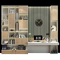 Wooden Bookshelves With Layered Design Books Decorative Figurines Wall Clock Table Lamp And Illuminated Lighting