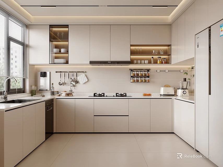 Modern Kitchen Interior With White Cabinets Windows Countertop And Appliances 3d model 
