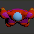 3D Humanoid Fantasy Character With Pink Yellow Body Red Horns Blue Center And Red Joints