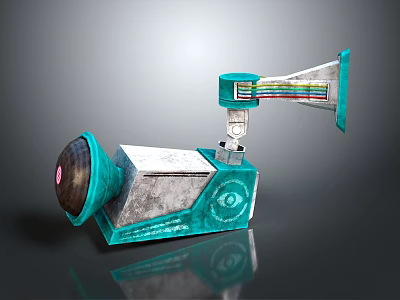 Teal Mechanical Device Components With Horn Shaped Top Colorful Stripes And Square Base 3d model
