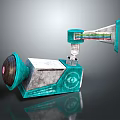 Teal Mechanical Device Components With Horn Shaped Top Colorful Stripes And Square Base