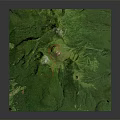 Aerial View of Green Mountainous Volcanic Terrain With Red Trail and Crater