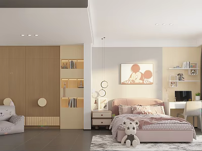 Cozy Modern Kids Room Interior With Bed Pillows Stuffed Bear Bookshelves And Decorative Painting 3d model