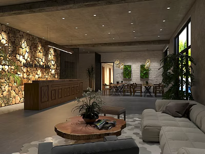 Rustic Restaurant Interior With Stone Wall Reception Desk Sofa Seating And Green Plants 3d model