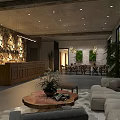 Rustic Restaurant Interior With Stone Wall Reception Desk Sofa Seating And Green Plants