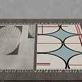 Square Rugs With Geometric Patterns Green Blue Red Gray Fringed Edges On Wooden Floor