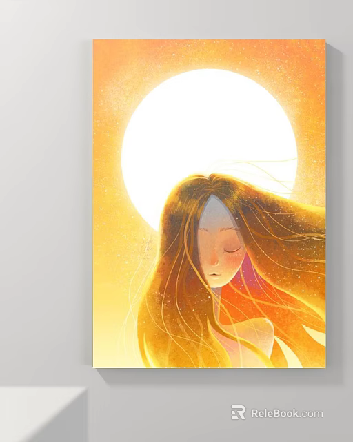 Portrait Painting of Girl With Long Flowing Hair Closed Eyes and Warm Yellow Sun Background 3d model 