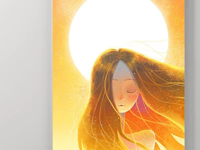 Portrait Painting of Girl With Long Flowing Hair Closed Eyes and Warm Yellow Sun Background 3d model