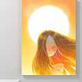 Portrait Painting of Girl With Long Flowing Hair Closed Eyes and Warm Yellow Sun Background