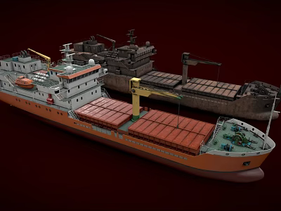 Cargo Ship Models With Orange Decks And Cranes On 3d model