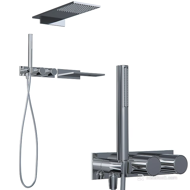 Chrome Shower System With Rainfall Head Handheld Sprayer And Control Lever 3d model 