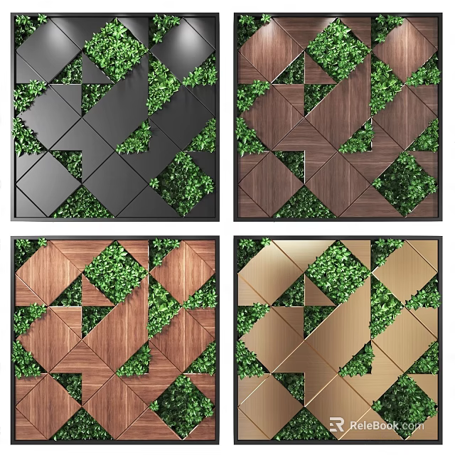 Modern Living Plant Wall Design With Geometric Wooden Metallic Black Panel Background 3d model 