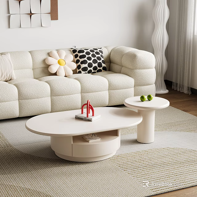 Modern Sofa Coffee Table Combination With Oval Table Soft Upholstery And Decorative Pillows 3d model 