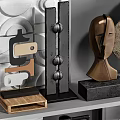 Modern Decorative Ornament Combination with Abstract Sculptures Geometric Shapes and Textured Disks on Display Shelf