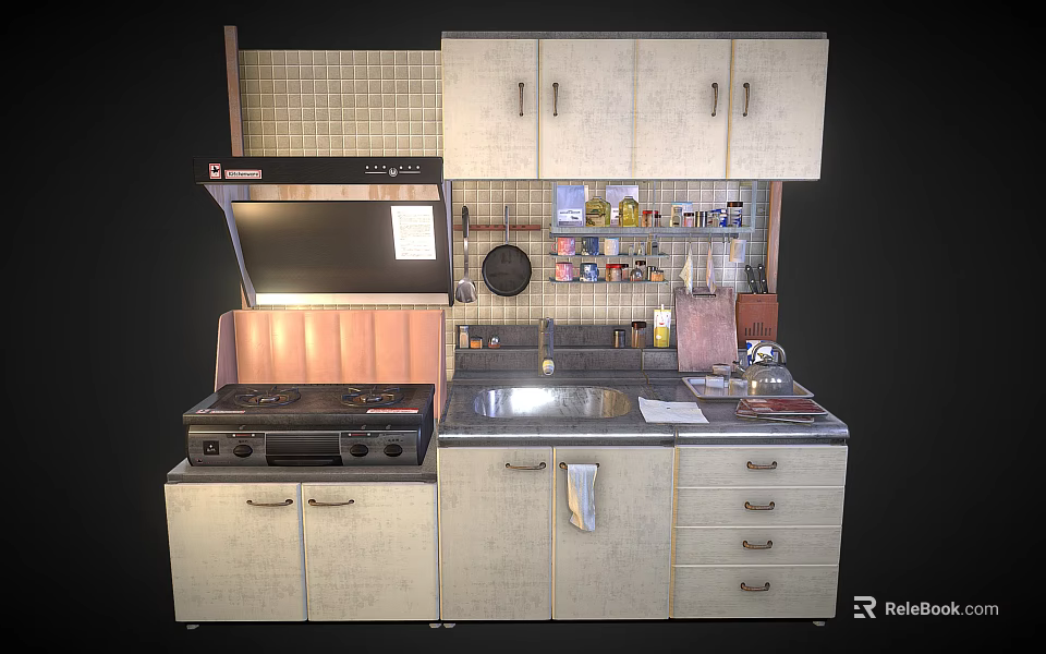 Upper And Lower Kitchen Cabinets With Stove Range Hood And Stainless Countertop 3d model 
