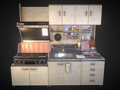 Upper And Lower Kitchen Cabinets With Stove Range Hood And Stainless Countertop 3d model