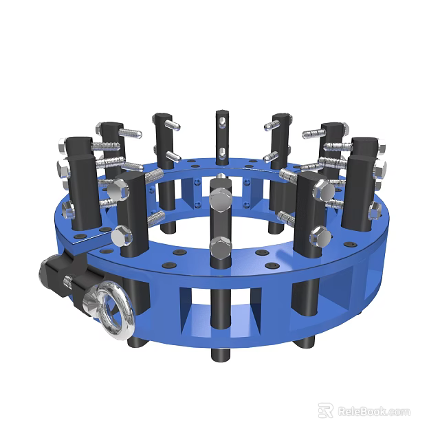 Industrial Blue Circular Mechanical Device With Black Components And Metal Bolts 3d model 