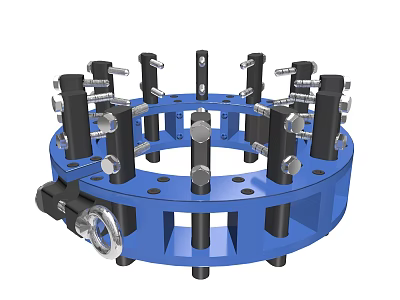 Industrial Blue Circular Mechanical Device With Black Components And Metal Bolts 3d model