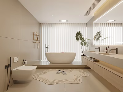 Modern Bathroom Interior Design With Freestanding Bathtub Double Vanity Large Mirror And Plants 3d model