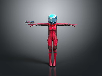 Character In Red Bodysuit With Blue Helmet Outstretched Arms And Holding Airplane Model 3d model