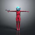 Character In Red Bodysuit With Blue Helmet Outstretched Arms And Holding Airplane Model
