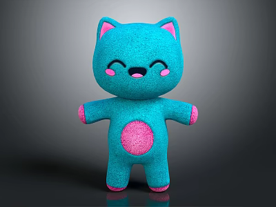 Blue Cat Plush Doll with Pink Ears Cheeks Belly and Smiling Face Cute Stuffed Toy 3d model