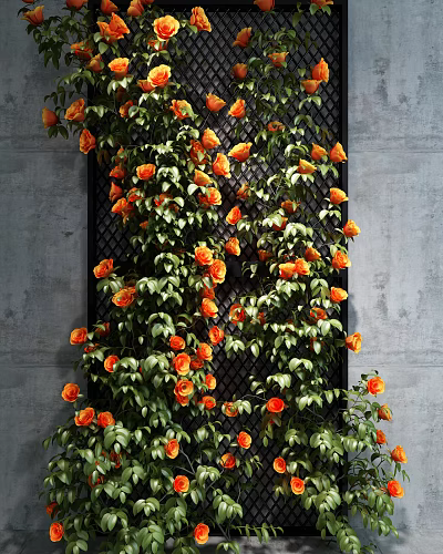 Living Vertical Green Wall With Orange Flowers And Green Leaves On Black Grid 3d model