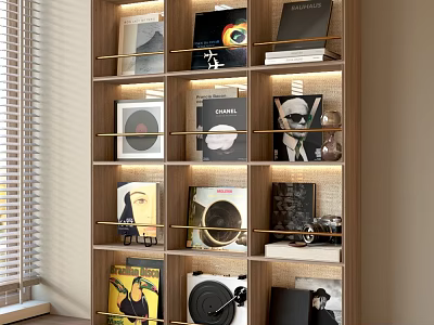 Modern Wooden Bookcase With Vinyl Records Books And Decorative Metal Shelves 3d model