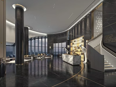Modern Luxury Storefront Reception With Marble Counter Black Marble Floor And Staircase 3d model