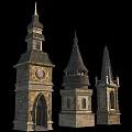 Ancient Architectural Towers With Diverse Spires Stone Structures And Arched Doorways 3d model
