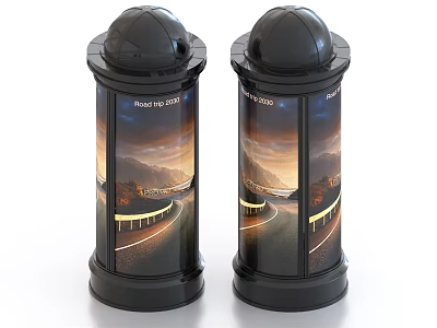Cylindrical Billboards With Dome Top Displaying Road to 2030 Scenery And Highway View 3d model