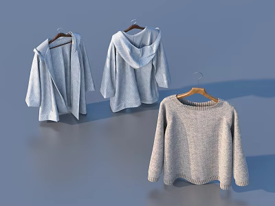 Light Gray Knit Hooded Cardigans And Crewneck Sweater Hanging On Hangers Light Blue Background 3d model