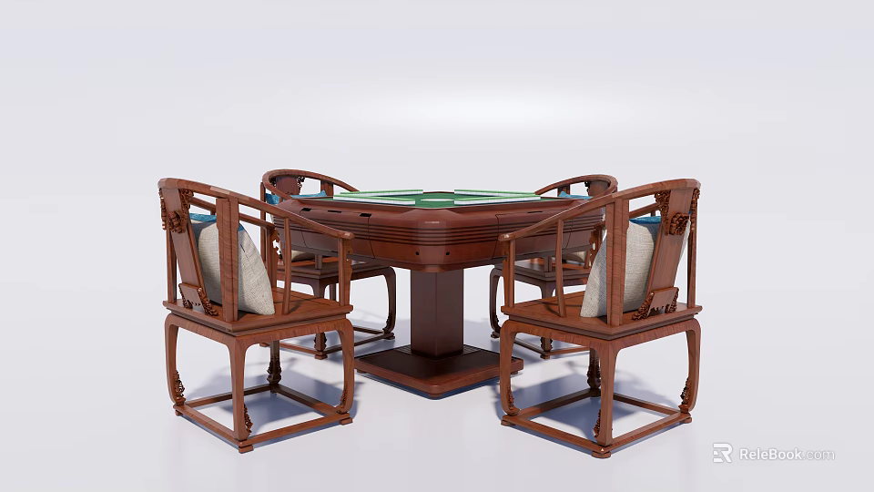 Traditional Wooden Round Entertainment Table with Mahjong Top and Cushioned Chairs 3d model 