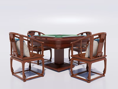 Traditional Wooden Round Entertainment Table with Mahjong Top and Cushioned Chairs 3d model