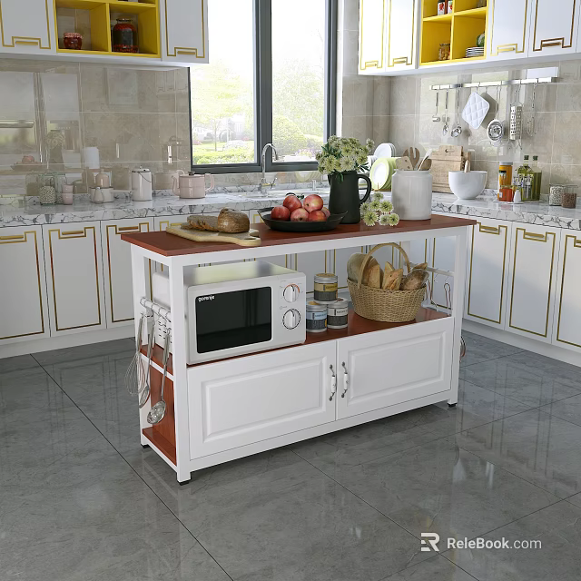 White Kitchen Sideboard Cabinet With Wooden Top Fruit Bread Basket And Microwave 3d model 