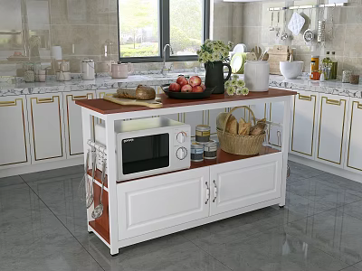 White Kitchen Sideboard Cabinet With Wooden Top Fruit Bread Basket And Microwave 3d model