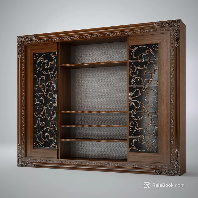 Classic Style Wooden Wardrobe Featuring Carved Frame Metal Scrollwork Doors And Open Shelving Design 3d model 