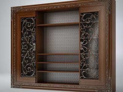 Classic Style Wooden Wardrobe Featuring Carved Frame Metal Scrollwork Doors And Open Shelving Design 3d model