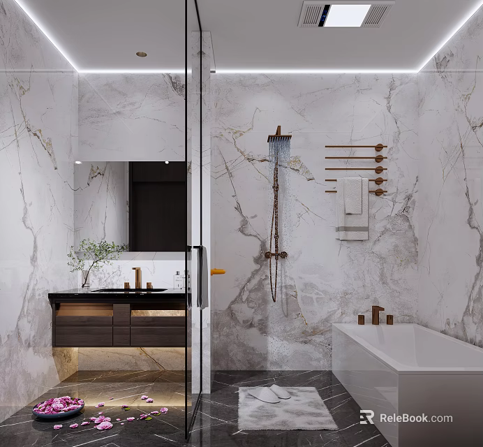 Modern Bathroom Interior With Marble Walls Bathtub Vanity And Plants 3d model 