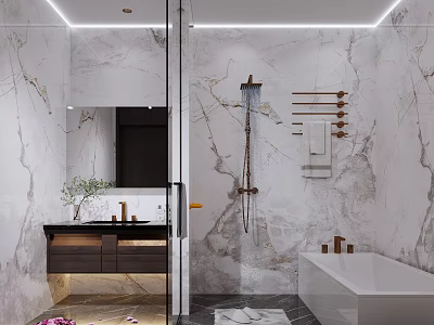 Modern Bathroom Interior With Marble Walls Bathtub Vanity And Plants 3d model