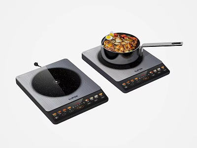 Two Electric Induction Cooktops With Frying Pan And Cooking Food On Control Panel 3d model