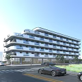 Modern Multi Storey Office Building Exterior With Balconies Street Cars And Trees