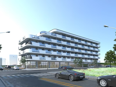 Modern Multi Storey Office Building Exterior With Balconies Street Cars And Trees 3d model