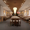 Modern Hotpot Restaurant Interior Design With Wooden Ceiling Lanterns Dining Tables And Buffet Counters 3d model
