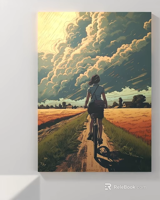 Person Riding Bicycle On Country Road With Golden Fields And Cloudy Sky 3d model 